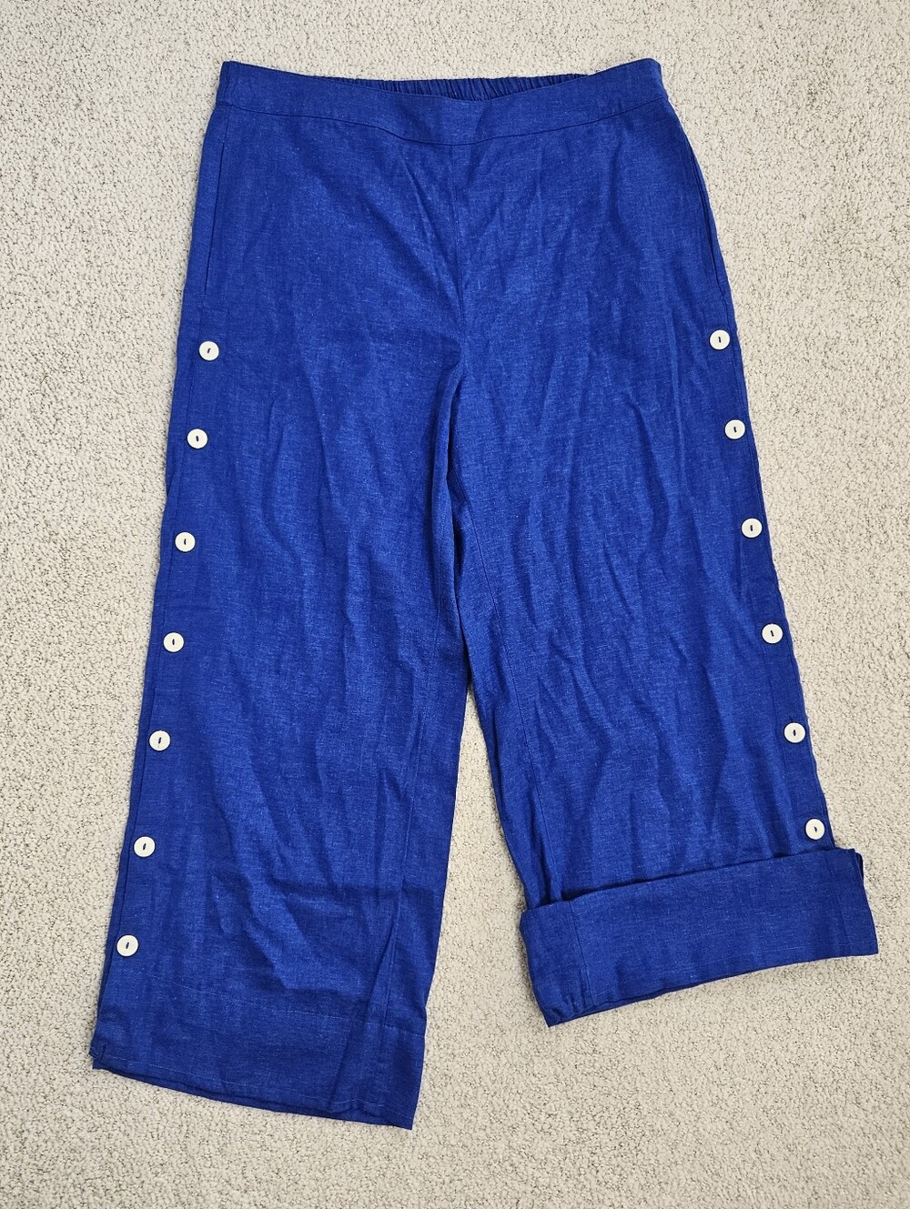 Soft Surroundings Womens Pants Blue Linen Blend Wide Leg Side Button Capris Crop